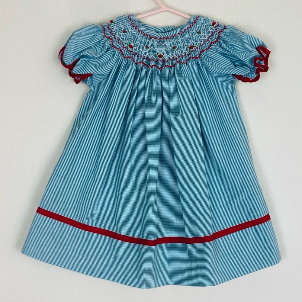 Lulu Bebe blue and white striped smocked dress with red embroidered floral. 12m